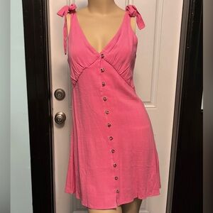 TopShop Button Through Flippy Mini Dress in Pink Linen